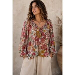 Entro Floral Boho Peasant Blouse Rayon Balloon Sleeve Top Size S